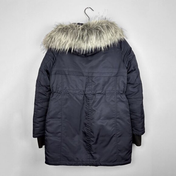 Diane Von Furstenberg Womens Winter Puffer Coat Faux Fur Hood Navy Small - Picture 5 of 7